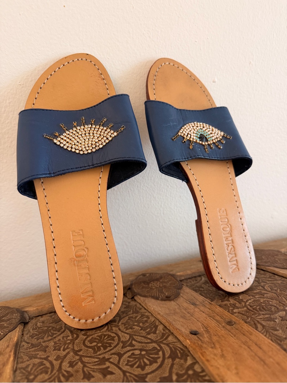 Mystique Boutique Navy Slide Sandals with Crystal Eye Accent | 8